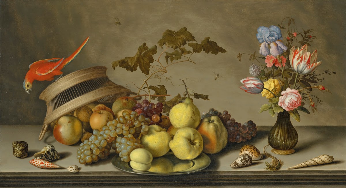 A parakeet on an upturned basket with fruit a pewter plate and shells on a stone