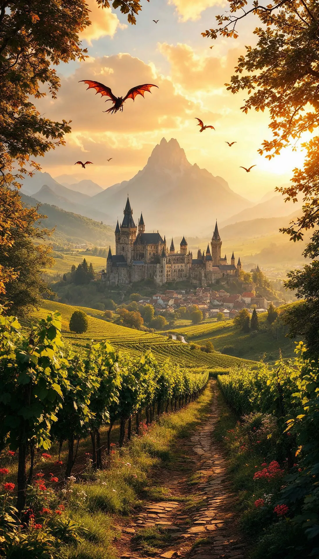 Epic Fantasy Castle Valley Vineyard Sunset Dragons - Free 4K mobile Wallpaper