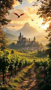 Epic Fantasy Castle Valley Vineyard Sunset Dragons