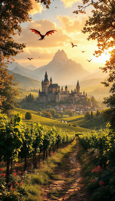 Epic Fantasy Castle Valley Vineyard Sunset Dragons - Free mobile Wallpaper