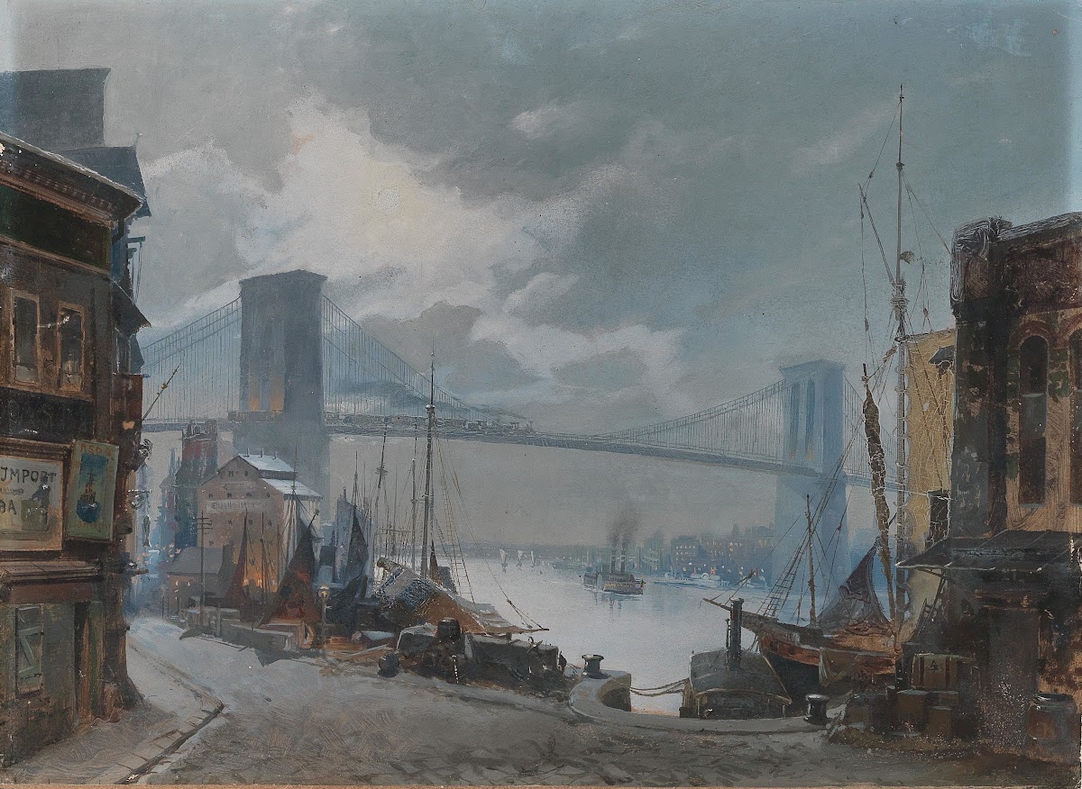 New York Scene View of the Brooklyn Bridge which was opened in 1883 South Street
