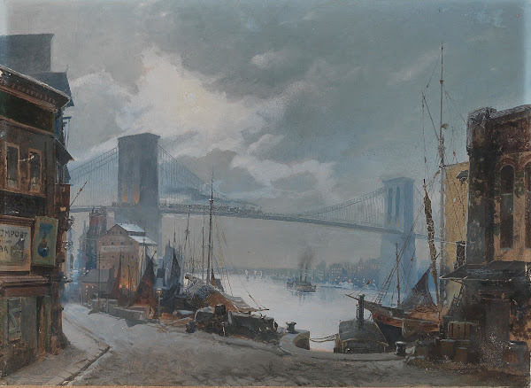 New York Scene View of the Brooklyn Bridge which was opened in 1883 South Street