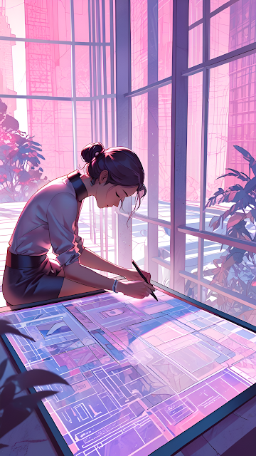 Architect Designing Blueprints in Pink Aesthetic Office - Free mobile Wallpaper