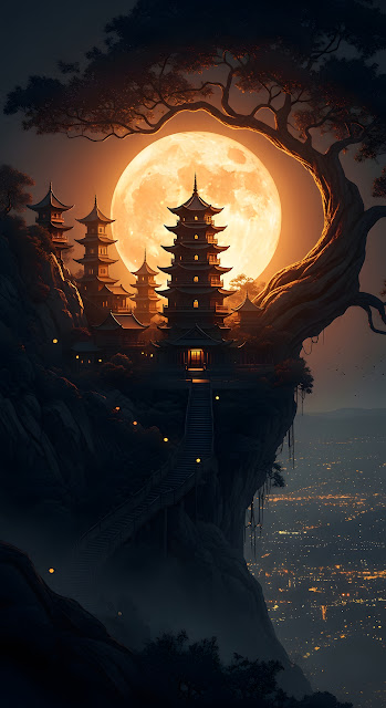 Dramatic Night Illustration of an Asian Pagoda Under a Full Moon and Illuminated Cityscape - Free mobile Wallpaper