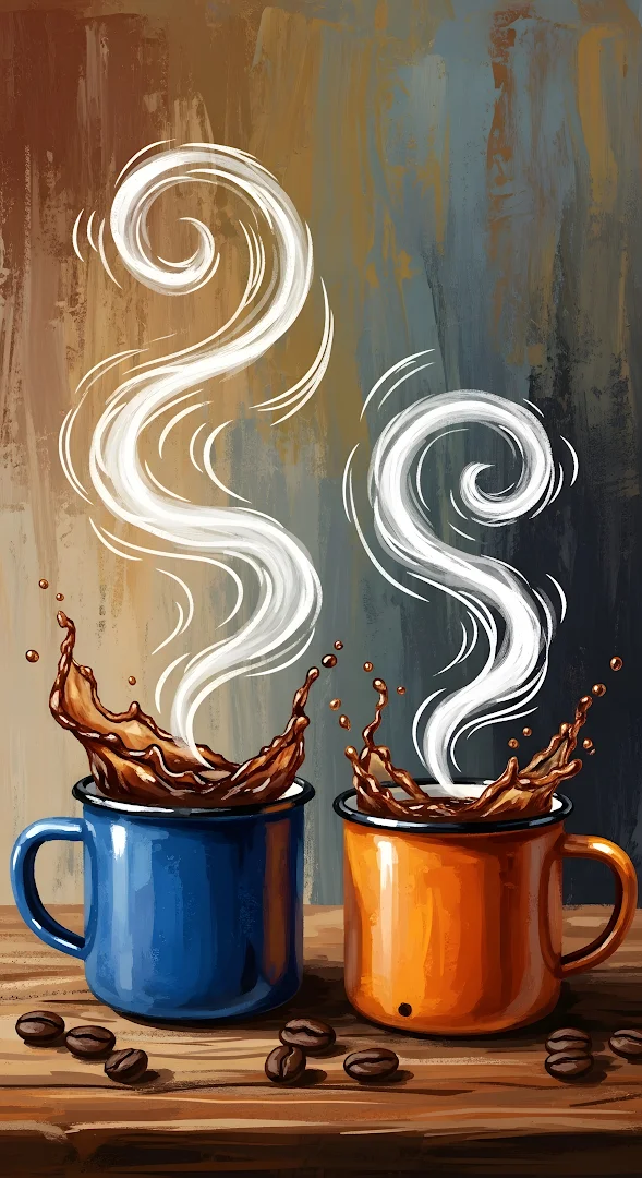 Steaming Coffee Splatter Art Blue Orange Mugs