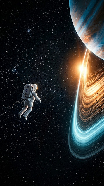 Astronaut Floating next to Giant Planetary Ring of Light - Free mobile Wallpaper