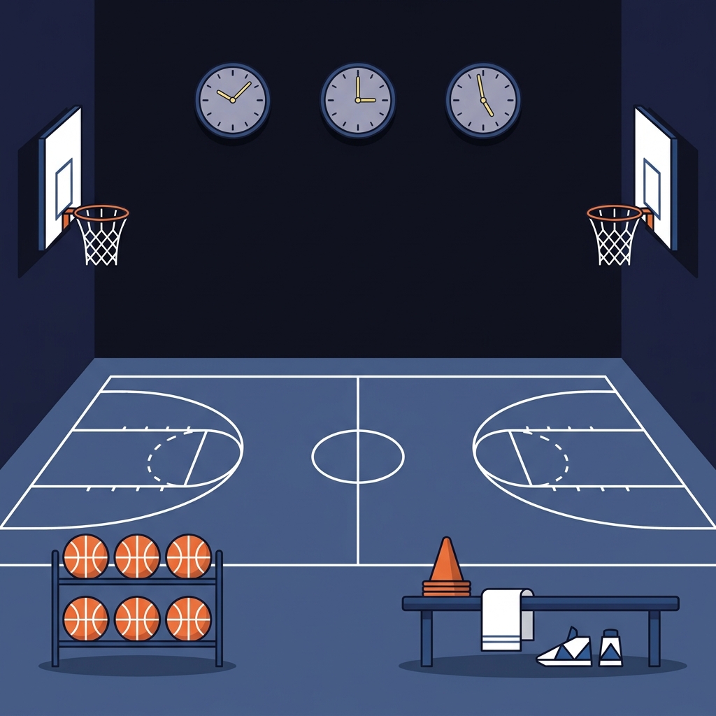 Minimalist 2D vector gym scene with basketballs cones bench and multiple wall clocks showing different local times illustrating How Travel Affects College Basketball Teams
