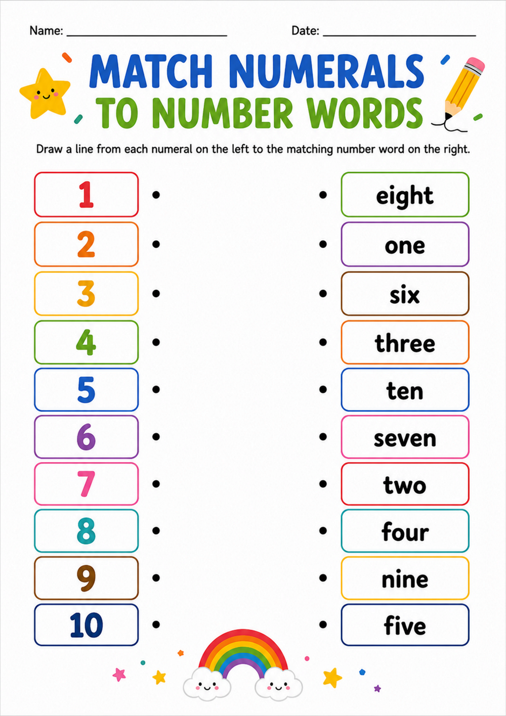 Match Numerals to Number Words Worksheet