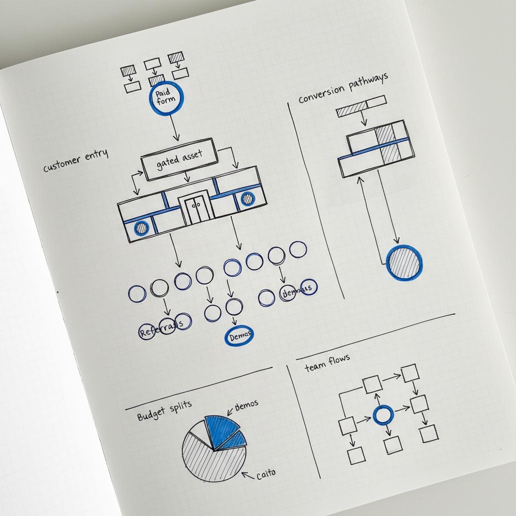 Close-up notebook-style sketch of a multi-channel lead generation funnel showing paid ads, gated assets, referrals and demos in hand-drawn brand colors #1a5bfb and #39383f.