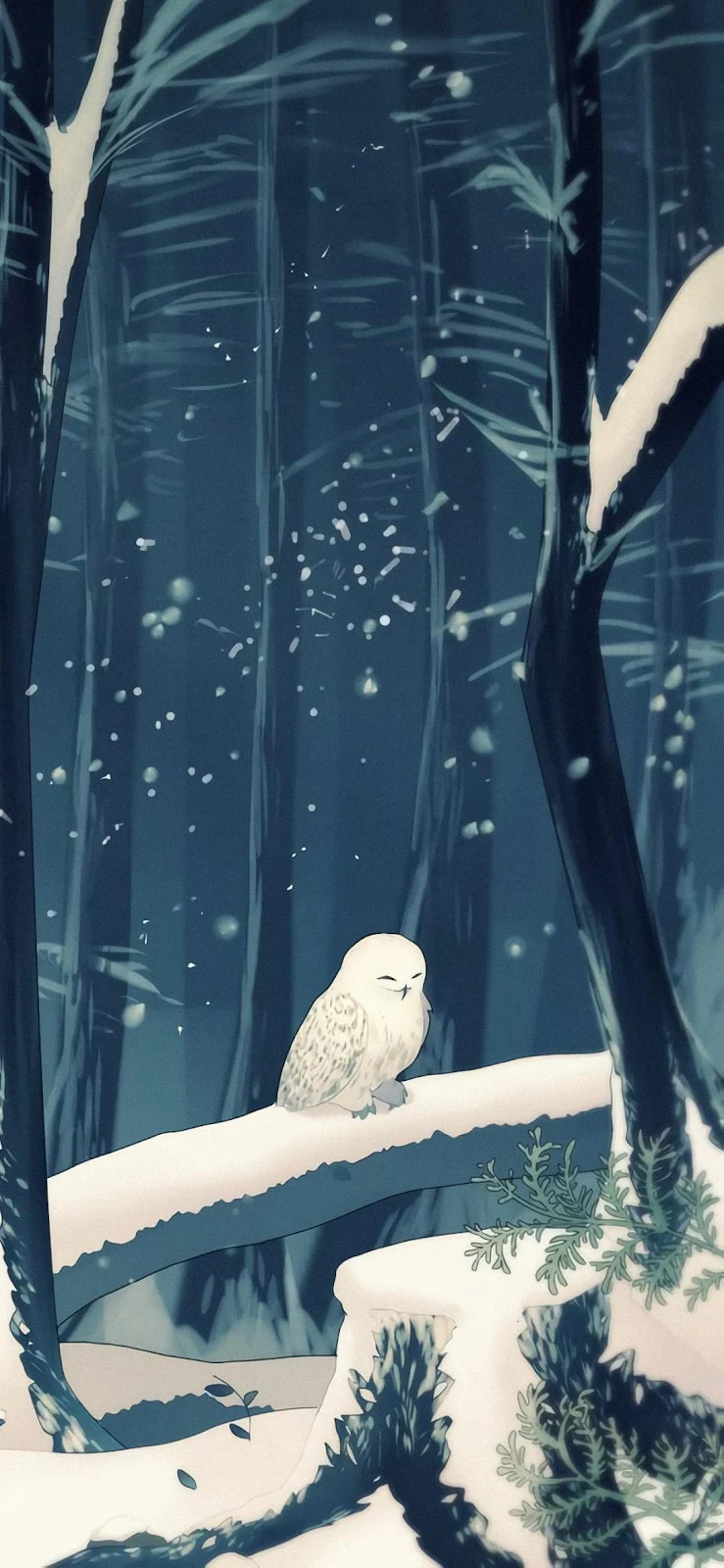 Snowy Owl In Night Forest - Digital Illustration Full HD iPhone Wallpaper (1090x2360)