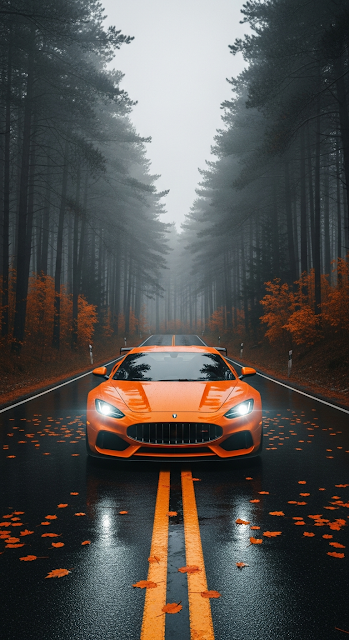 Cinematic Shot of Bright Orange Sports Car on Wet Road in Foggy Forest - Free mobile Wallpaper
