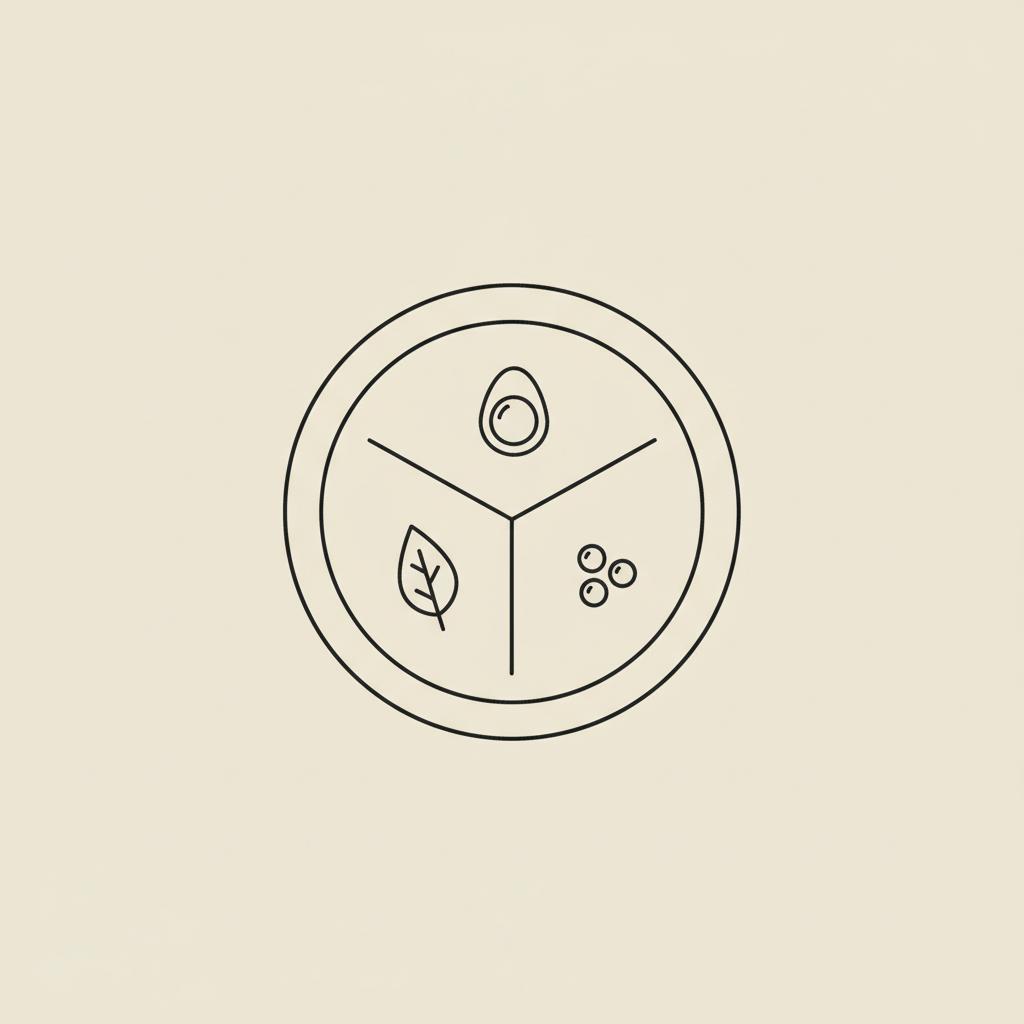Minimalist vector line plate divided into protein, vegetables, and healthy fats with small egg, berry, and leaf icons — what to eat to reduce sugar cravings