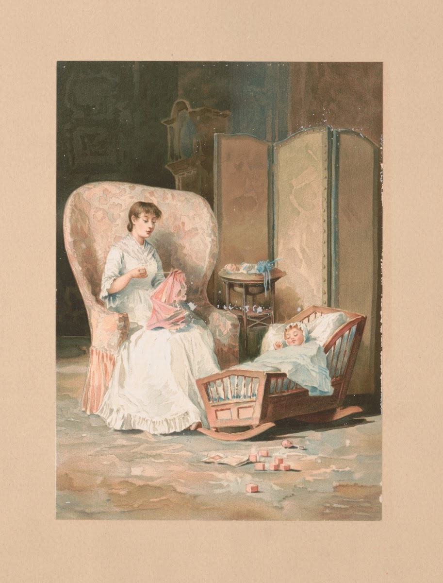 Mother sitting in a chair sewing 1888
