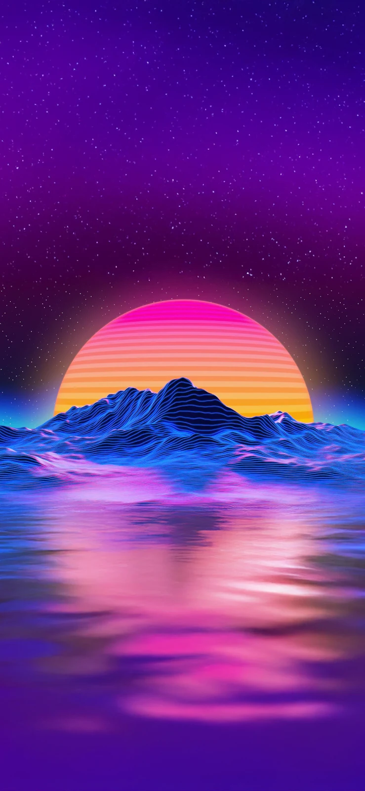 Retro Synthwave Sunset Over Mountains - Digital Art 2K iPhone Wallpaper (1772x3839)