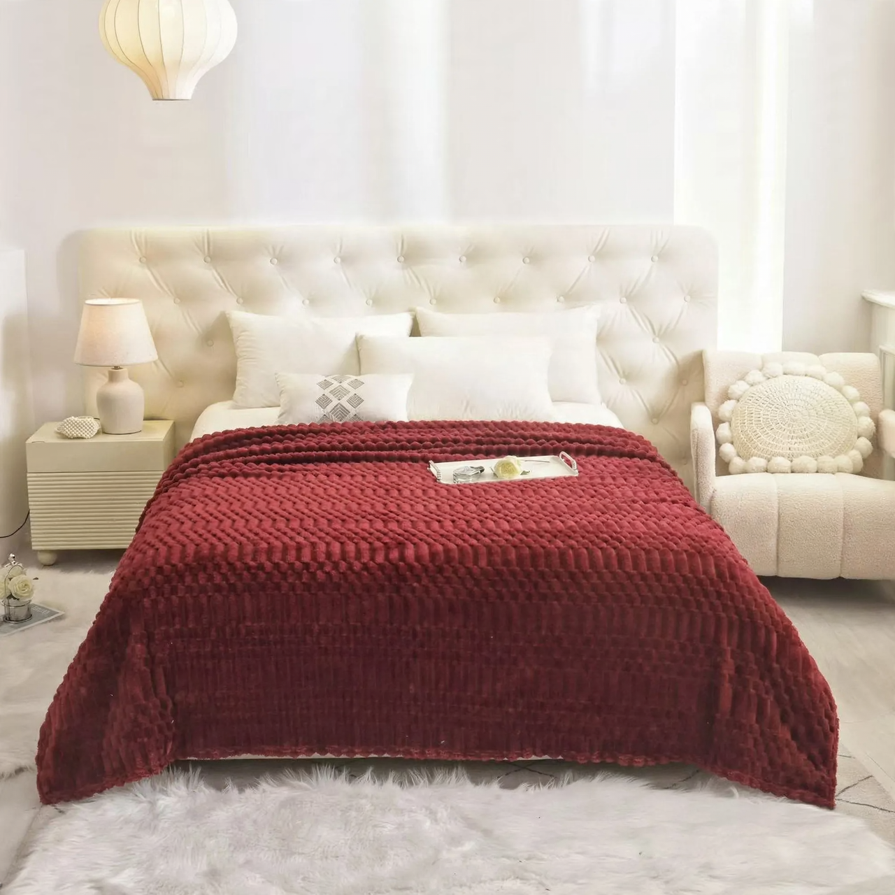 Versatile throw blanket with jacquard pattern