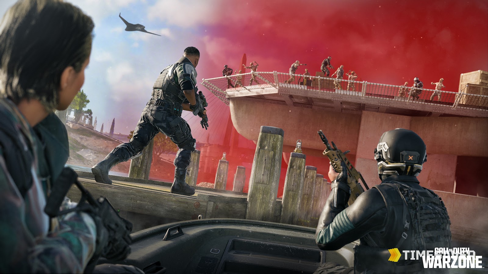 Call of Duty: Warzone battle royale — a squad drops into the map as the gas closes in; MW4 becomes the core title powering Warzone from Season 1