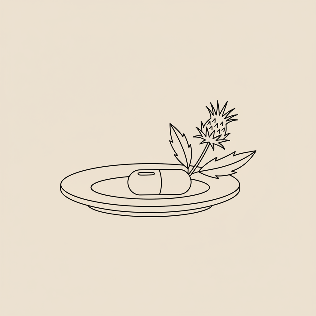 Minimal Tonum-style line illustration of a plate, capsule and milk thistle sprig on a beige background — how to lose 10 pounds in 2 weeks