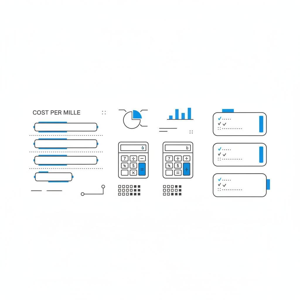 Vector notebook sketch with CPM-band charts, calculator icons, and sticky-note boxes for platform, direct deals and agency buys &mdash; 100k impressions on Twitter