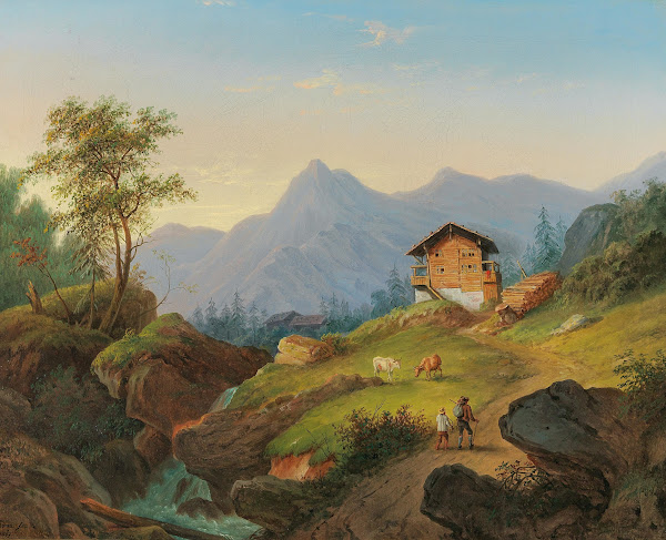 Gebirgslandschaft mit Wanderern 1867