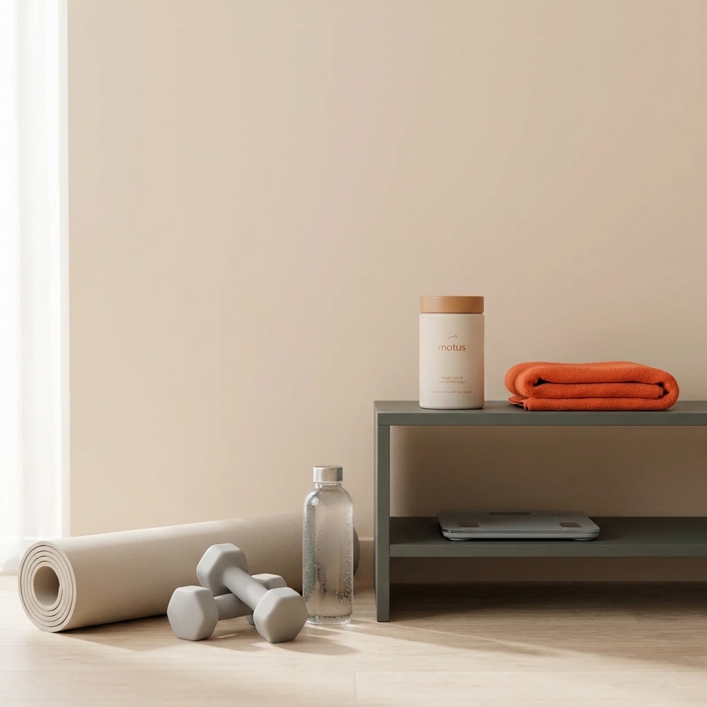 Minimal home workout scene with yoga mat, light dumbbells, water bottle and Tonum Motus container on a shelf — how to reduce PCOS belly