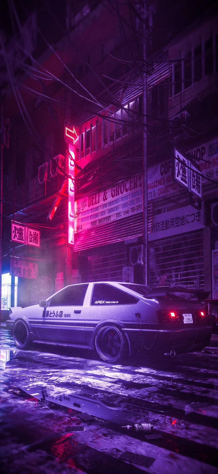 Initial D AE86 Neon City - Cyberpunk Digital Art Full HD iPhone Wallpaper (1103x2390)