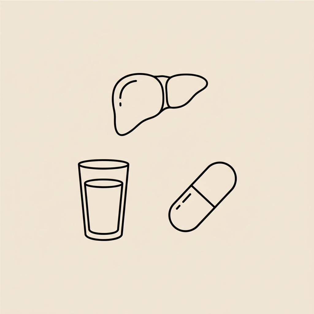 Minimal Tonum-style line illustration of a liver, water glass and capsule on beige background — what does an inflamed liver feel like