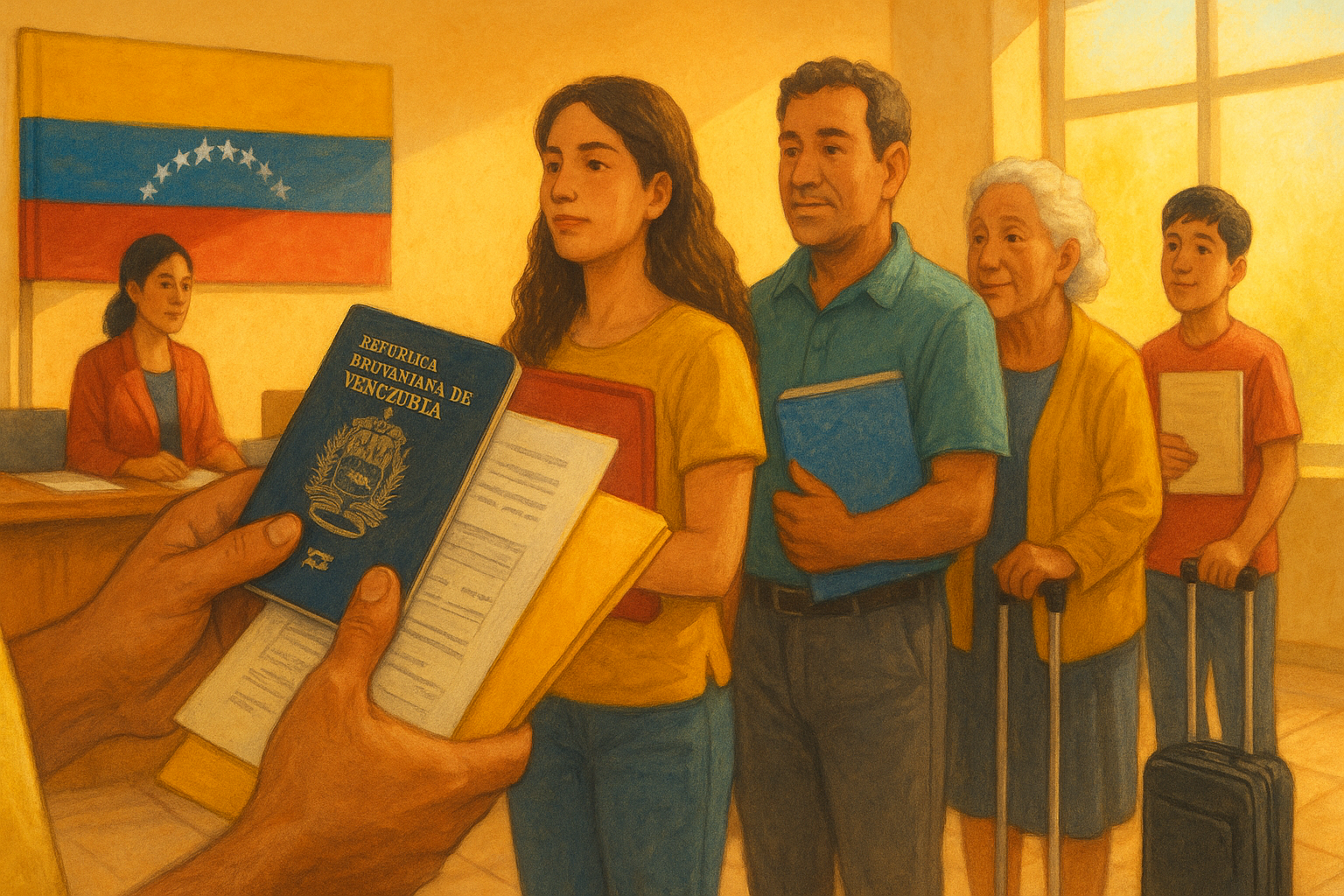 venezolanos en consulado con documentos y maletas, diáspora y trámites migratorios