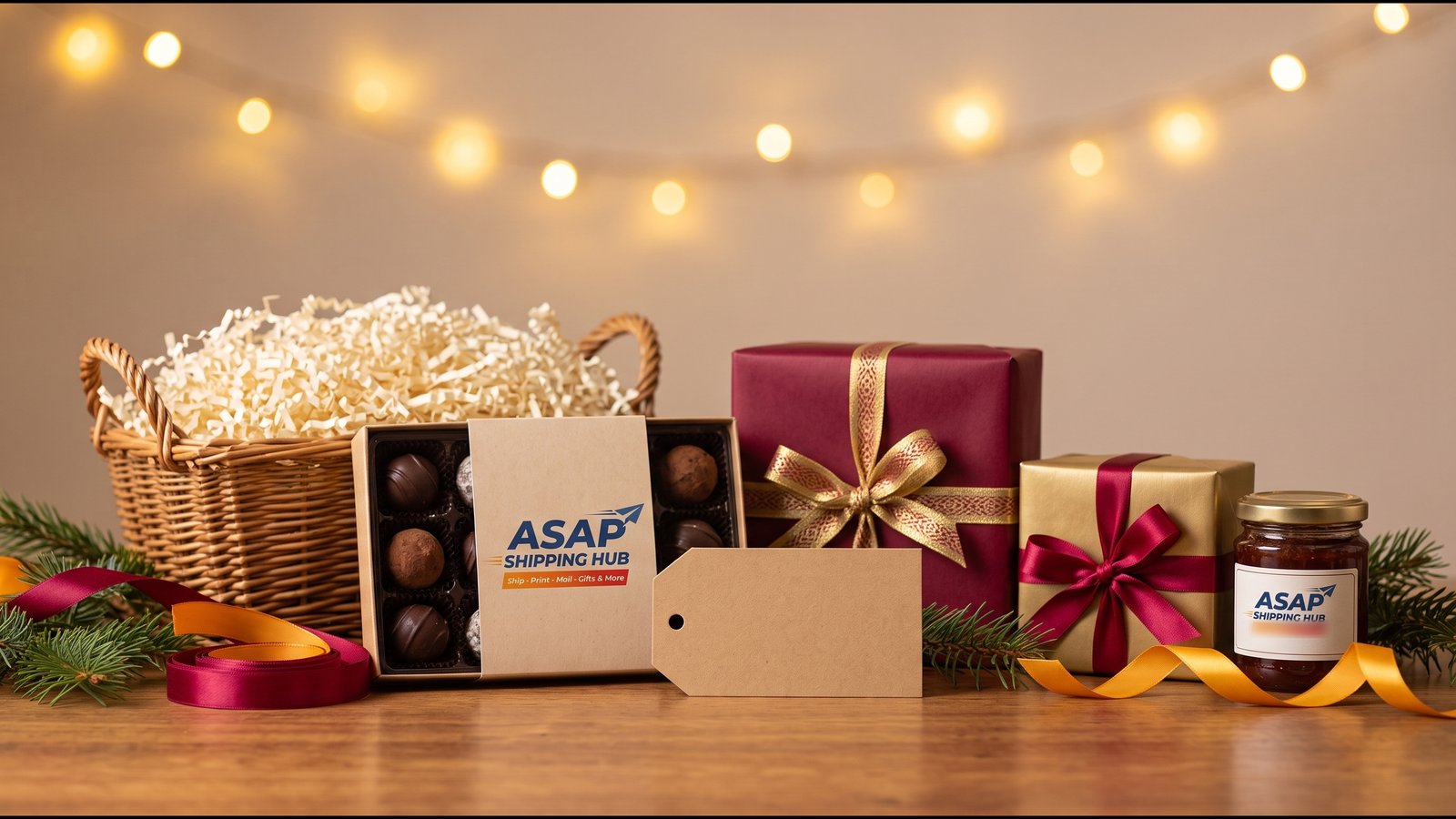 A gift basket, chocolate box, wrapped gifts and ribbon on a counter under warm lights