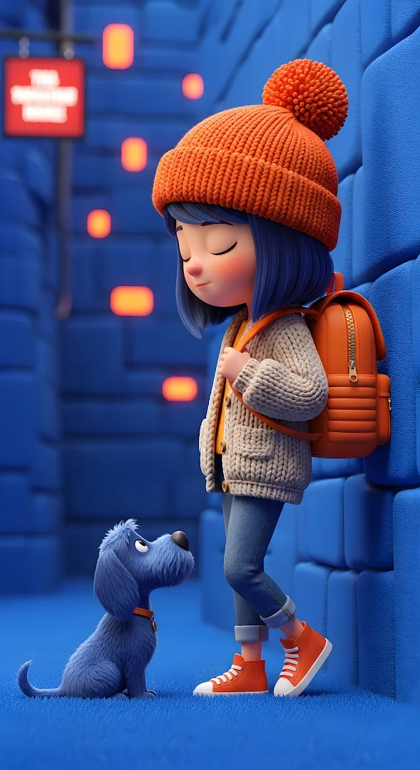 Cute 3D Cartoon Girl and Blue Dog in Orange and Blue