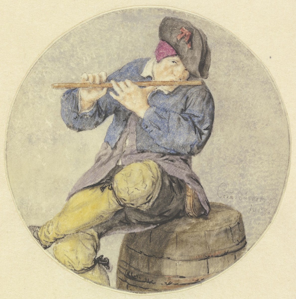 Flötenspieler auf einem Fass sitzend 1689