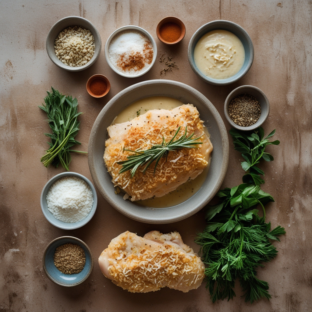 Ingredients for Parmesan Crusted Chicken with Creamy Garlic Sauce – Easy Family Dinner Recipe for Busy Nights