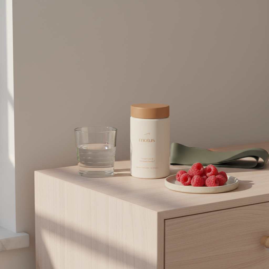 Minimal morning scene with Motus supplement bottle on a wooden bedside table, glass of water, folded fitness band and berries, evoking thermogenesis and sustainable weight loss.