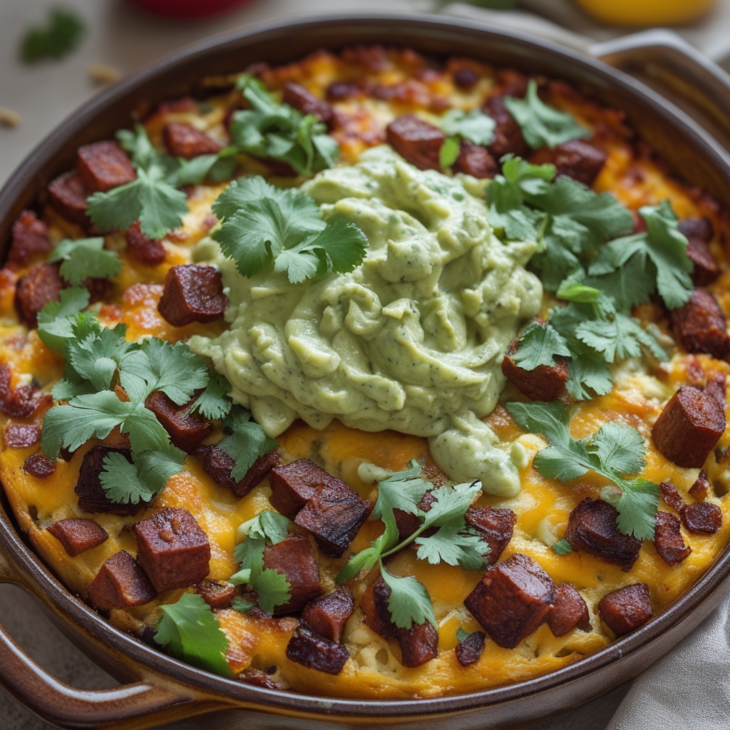 Final Spicy Chorizo & Roasted Poblano Savory Breakfast Strata with Chipotle Avocado Crema