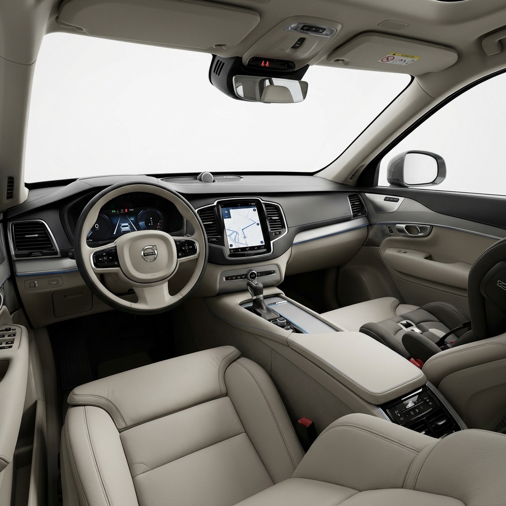 Volvo XC90 interior showing safety features and infotainment in a family oriented layout for xc90 volvo price article white background blue accents