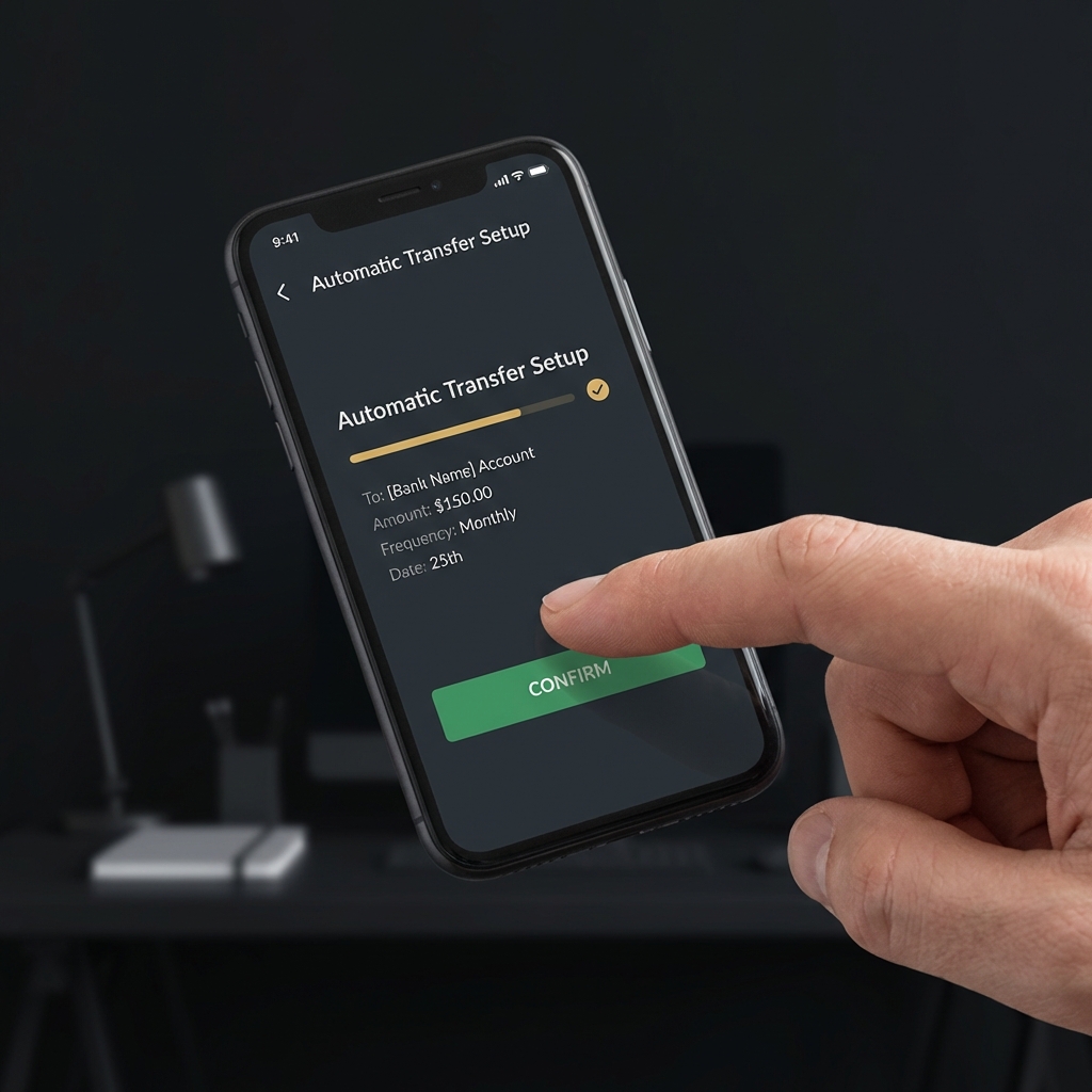 Close up of a person setting up an automatic bank transfer on a smartphone with a finger tapping the confirm button minimalist fintech interface financial independence tips