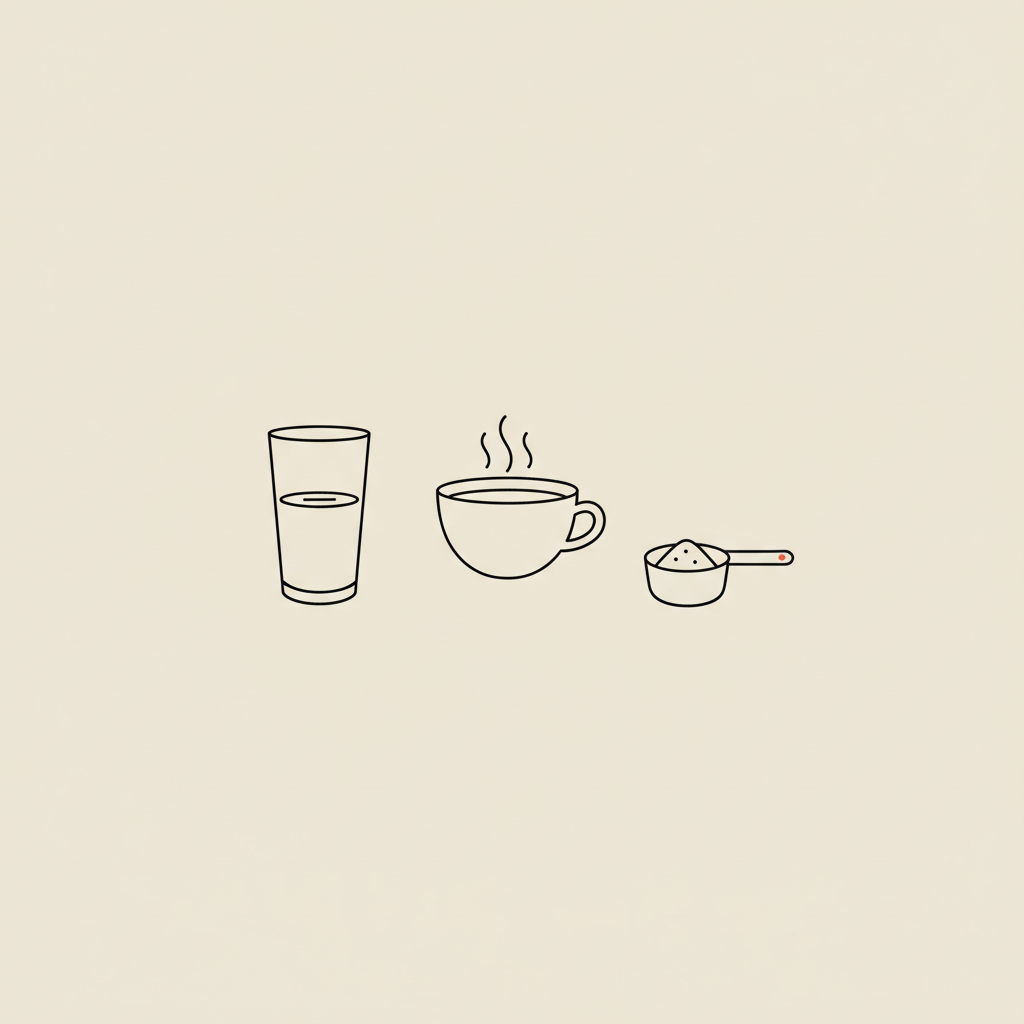 Minimalist line illustration of a glass of water, steaming cup of tea, and a small protein scoop on a beige background representing hydration and metabolism.