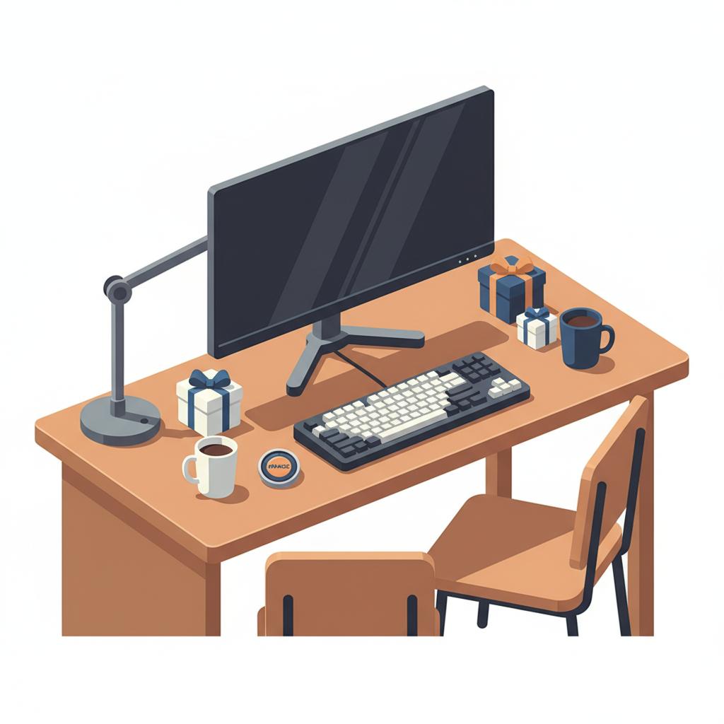 Minimalistische 2D-Illustration einer Gaming-Ecke mit ausgeschaltetem Monitor, mechanischer Tastatur, kleinen Geschenkboxen und Metallpin – geschenkideen gamer