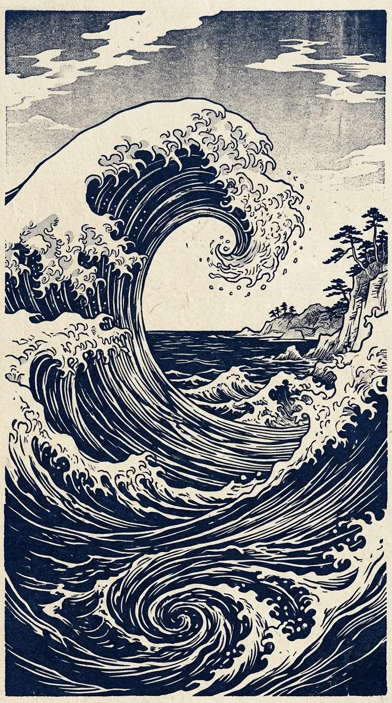 Minimalist Japanese Woodblock Indigo Ocean Wave Background - Free 4K mobile Wallpaper