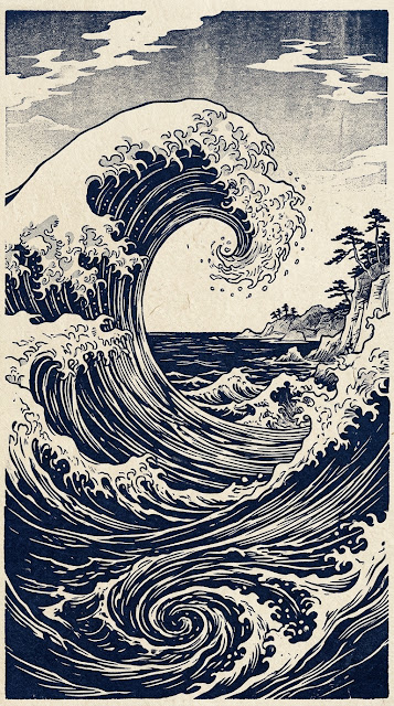 Minimalist Japanese Woodblock Indigo Ocean Wave Background - Free mobile Wallpaper