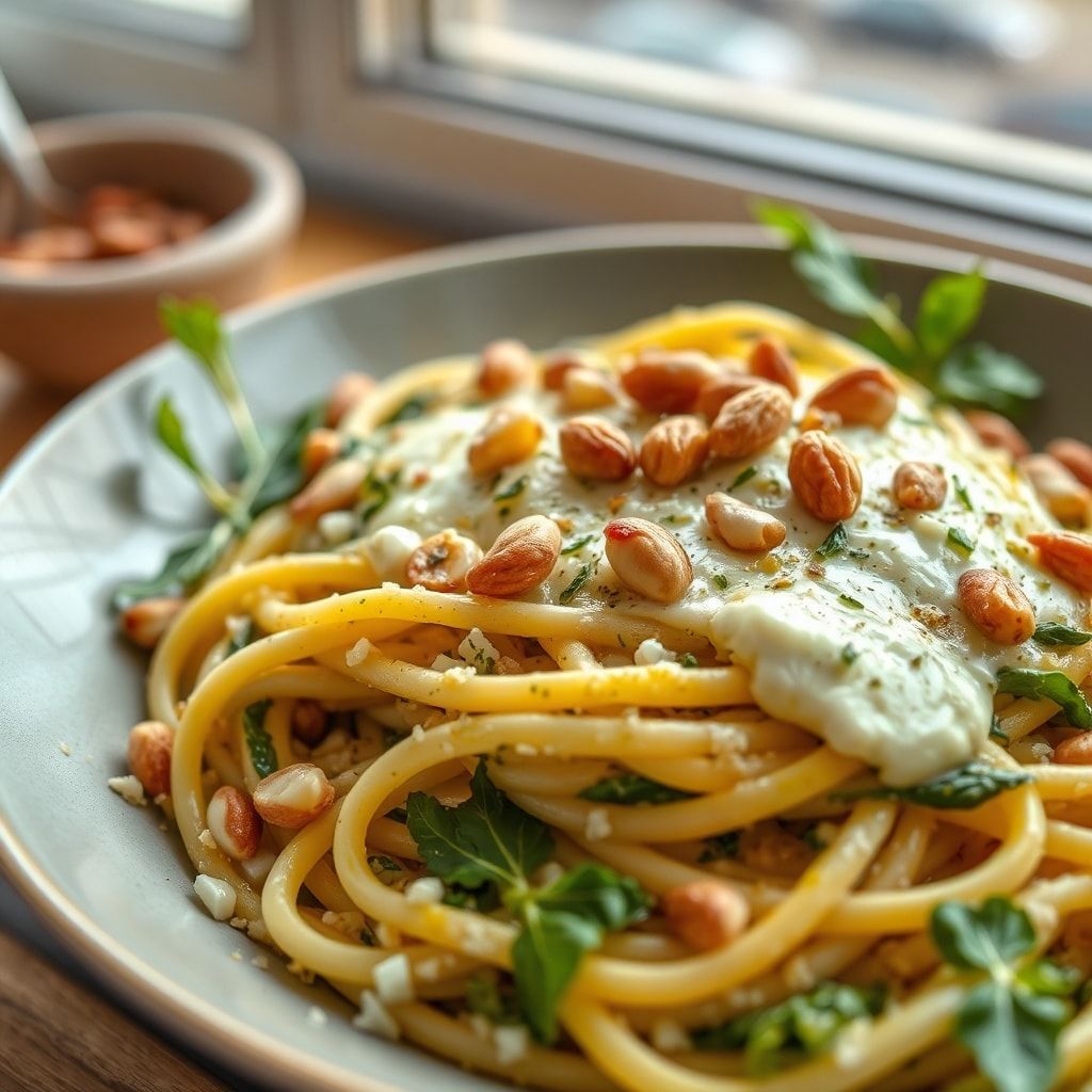 Creamy Pesto Goat Cheese Pasta with Pine Nuts – Easy Weeknight Comfort
