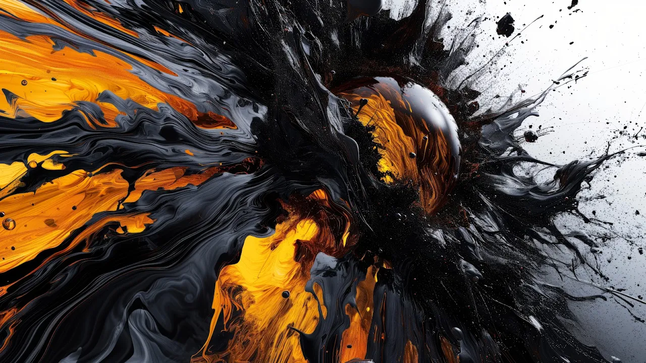 Ai Art, Illustration, Amber, Black, Paint Splash 5K Desktop Wallpaper