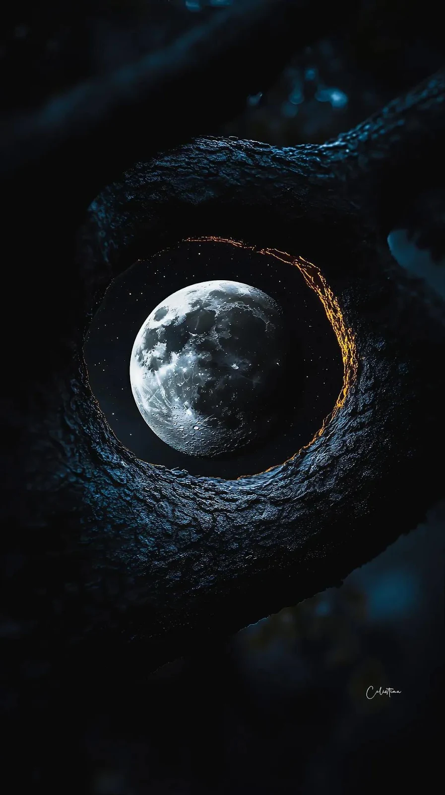 Moon Through Tree Hollow - Digital Art Full HD iPhone Wallpaper (1080x1926)
