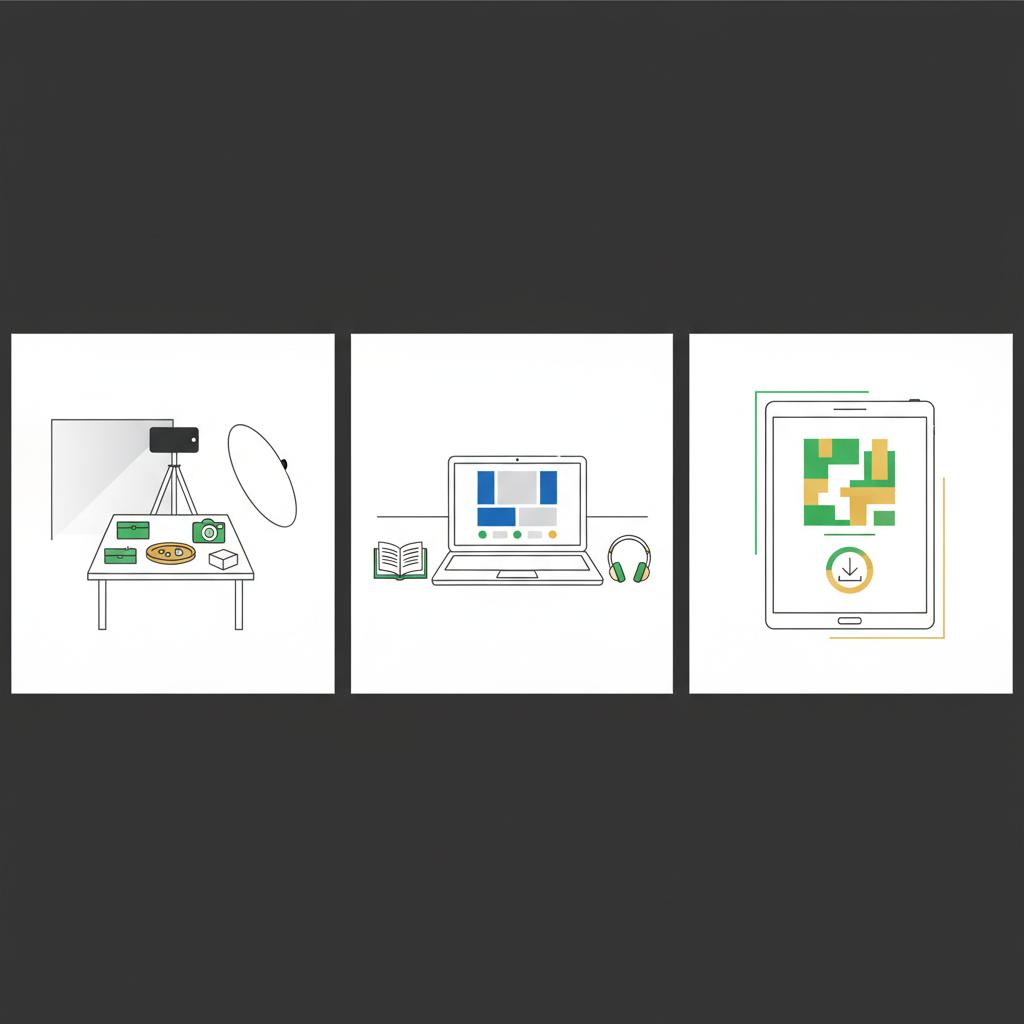 Minimalist 2D vector triptych showing product photography smartphone setup laptop tutor video call and digital product cover mockup representing second income opportunities