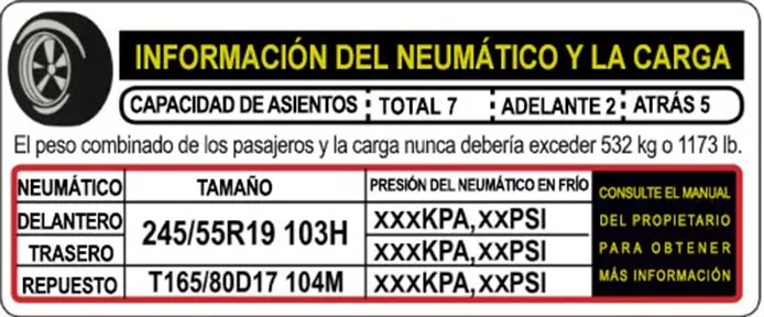 Información del neumático y la carga