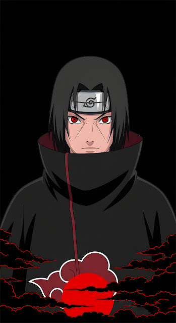 Itachi Uchiha in Akatsuki Cloak with Red Sharingan Eyes - Free mobile Wallpaper