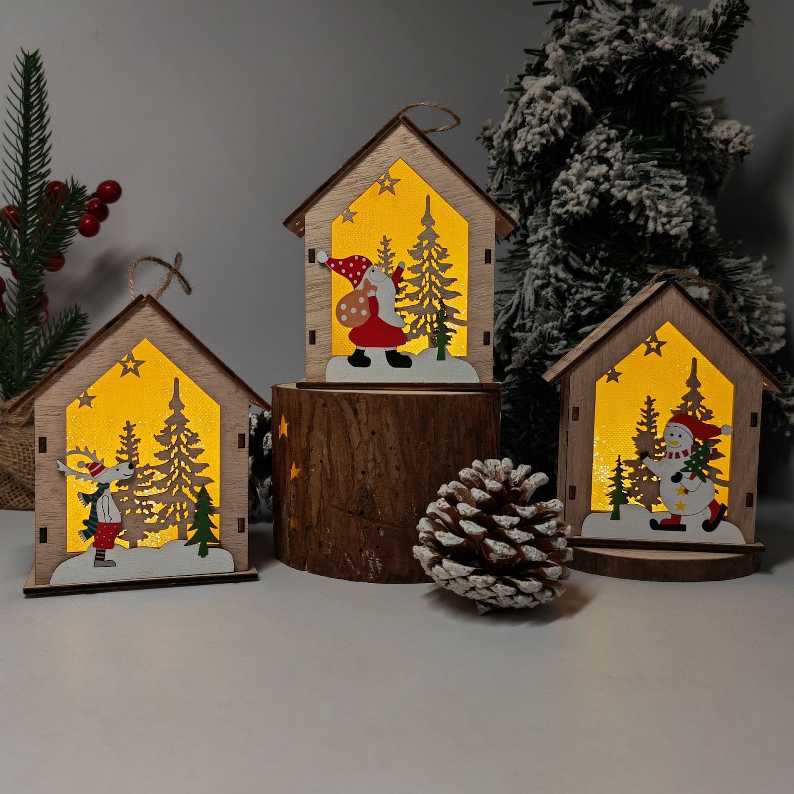 Lit Wooden Christmas House as Tree Decoration