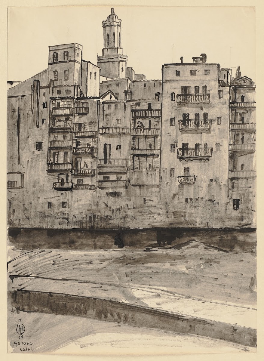 Girona vom Fluss aus gesehen im Hintergrund der Turm der Kathedrale 1928