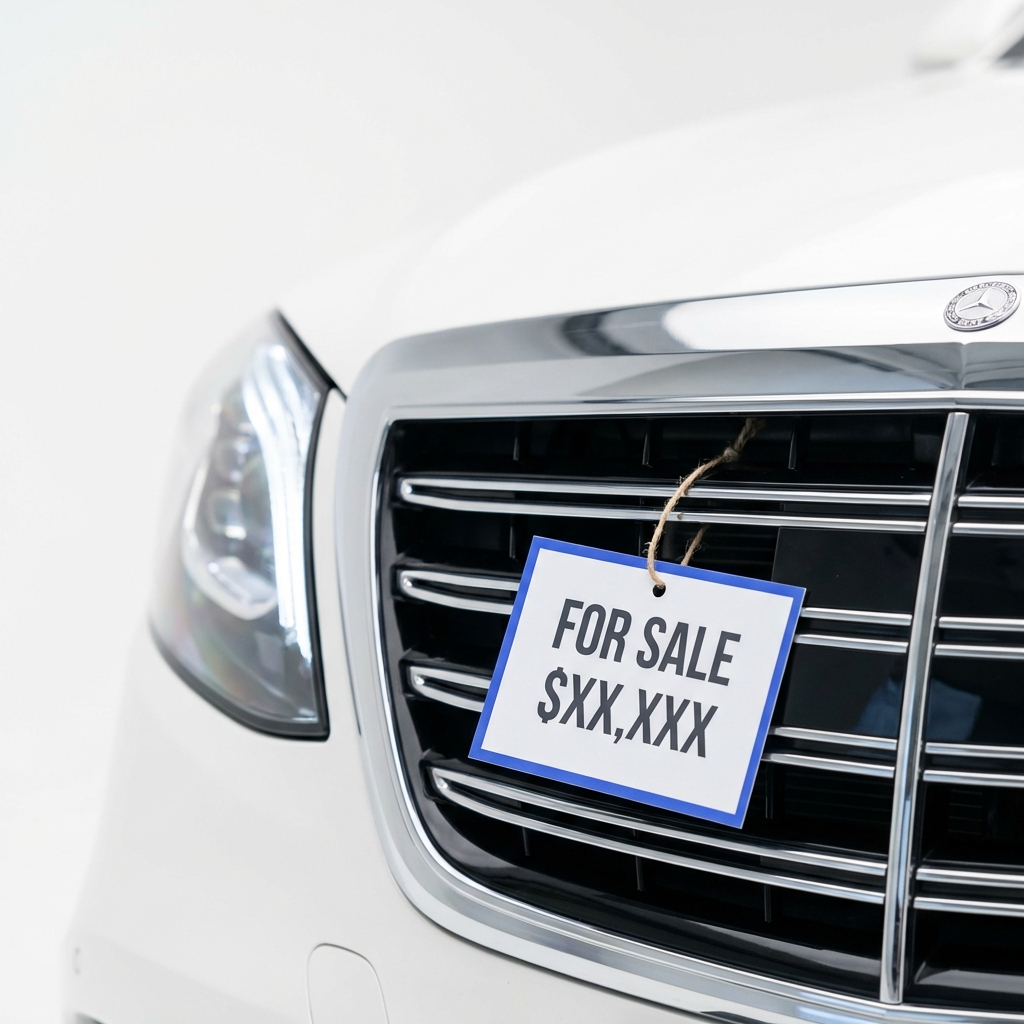 Close up of a Mercedes front grille and headlight with a visible for sale tag on a clean white background CarFax Deals minimal styling used mercedes for sale