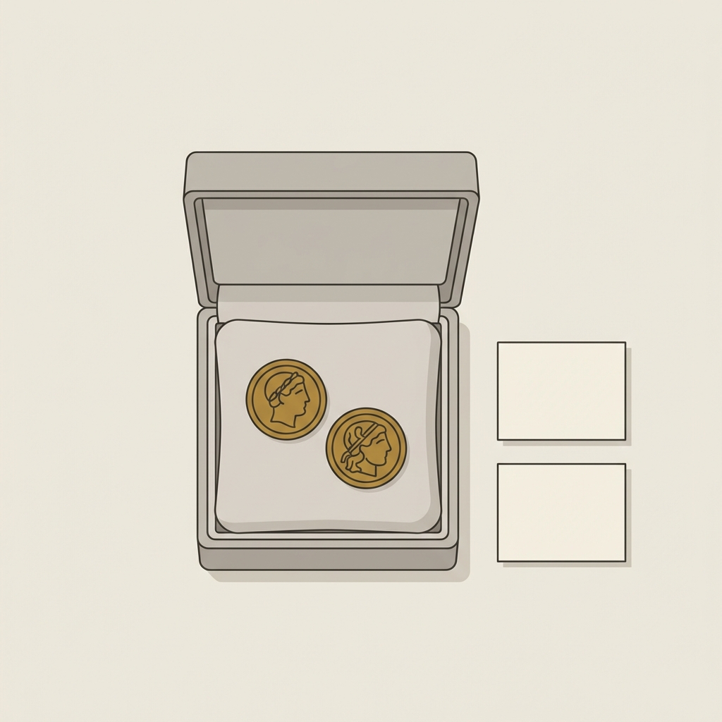 Minimalist 2D vector showing greek coin rings in an archival style box with a blank condition note and a small explanation card in Aurora Antiqua palette