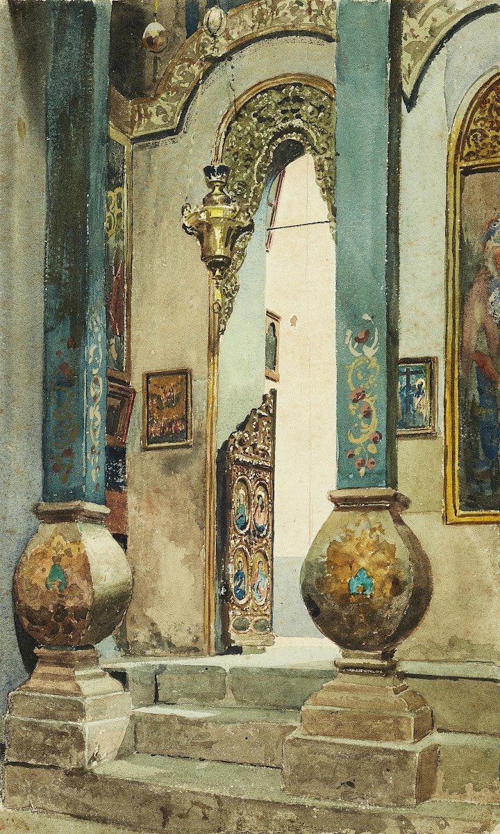 Ein Durchgang im Inneren der Grabeskirche in Jerusalem 1874